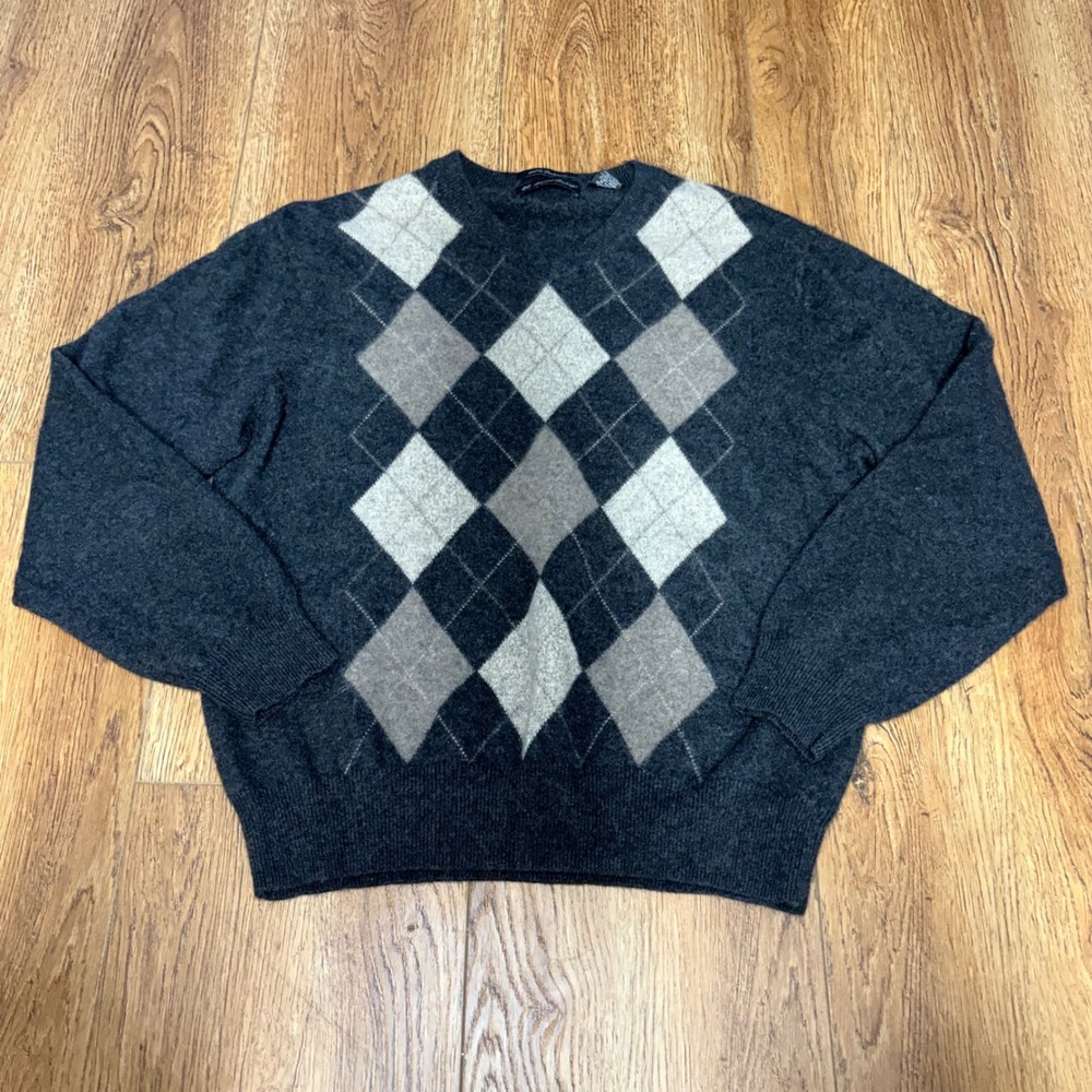 Daniel Bishop 100% Cashmere Argyle Sweater Charcoal‎ gray preppy Mens Large